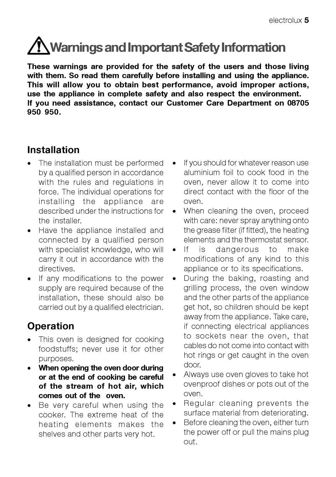 Electrolux EOB 51001 manual Installation, Operation 