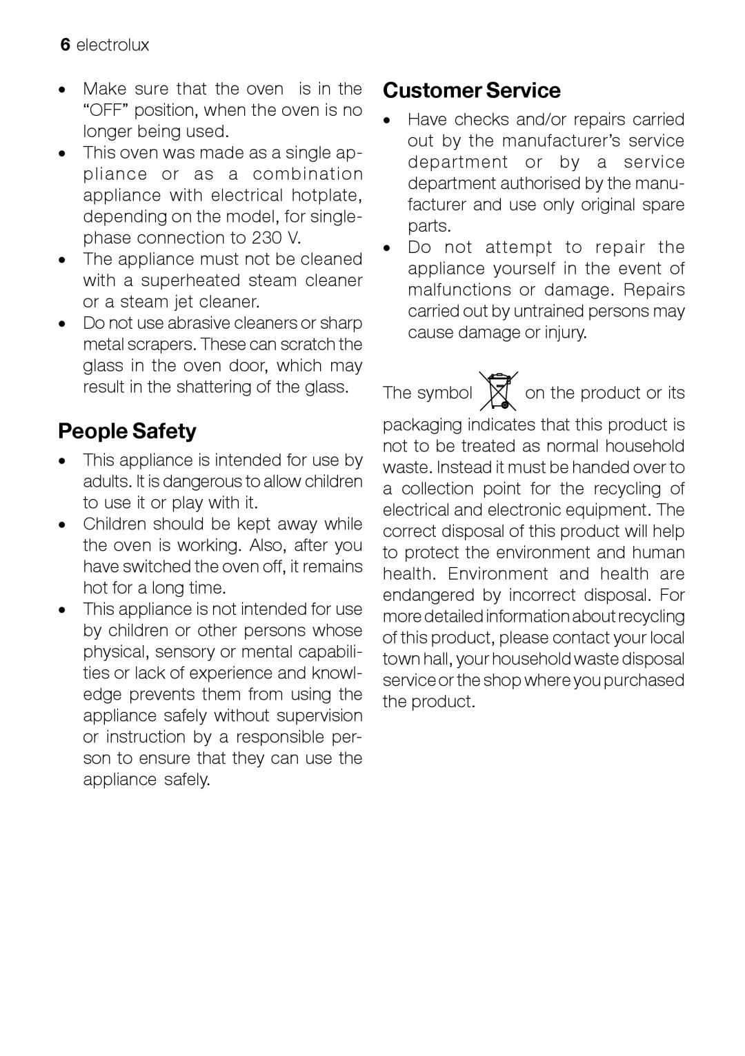 Electrolux EOB 51001 manual People Safety, Customer Service 