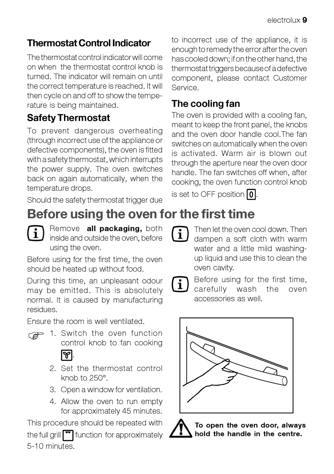 Electrolux EOB 51001 manual Before using the oven for the first time, Thermostat Control Indicator, Safety Thermostat 