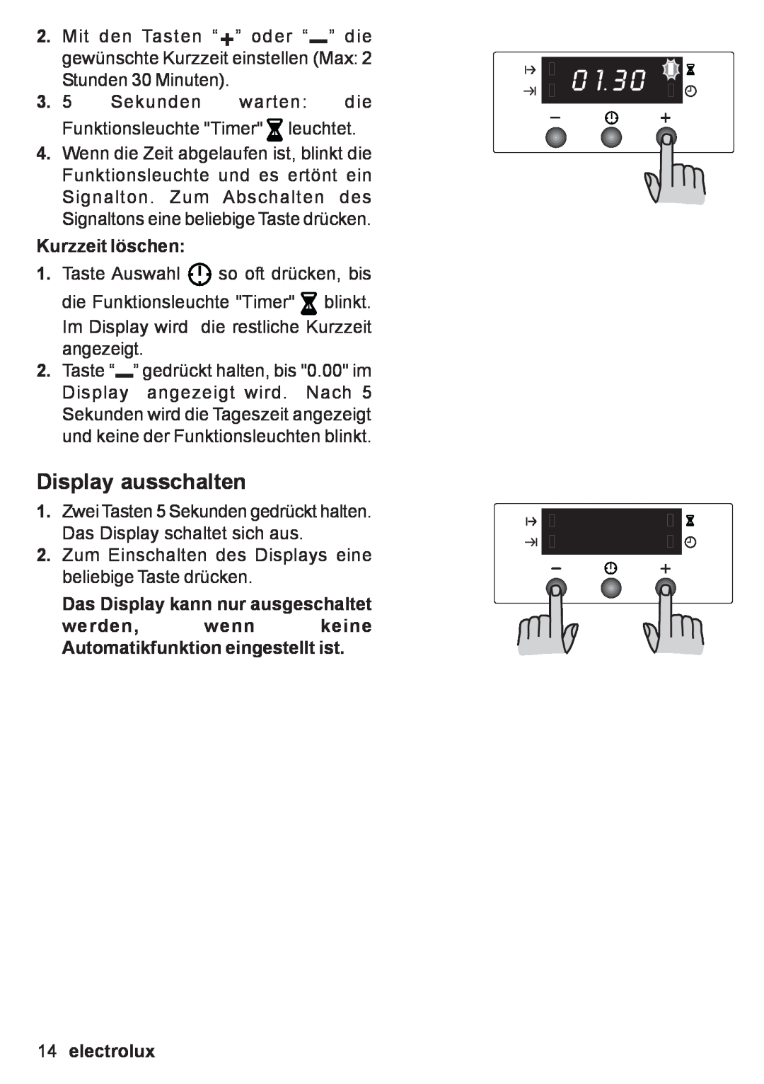 Electrolux EOB 53003 user manual Display ausschalten, Kurzzeit löschen, Das Display kann nur ausgeschaltet, electrolux 