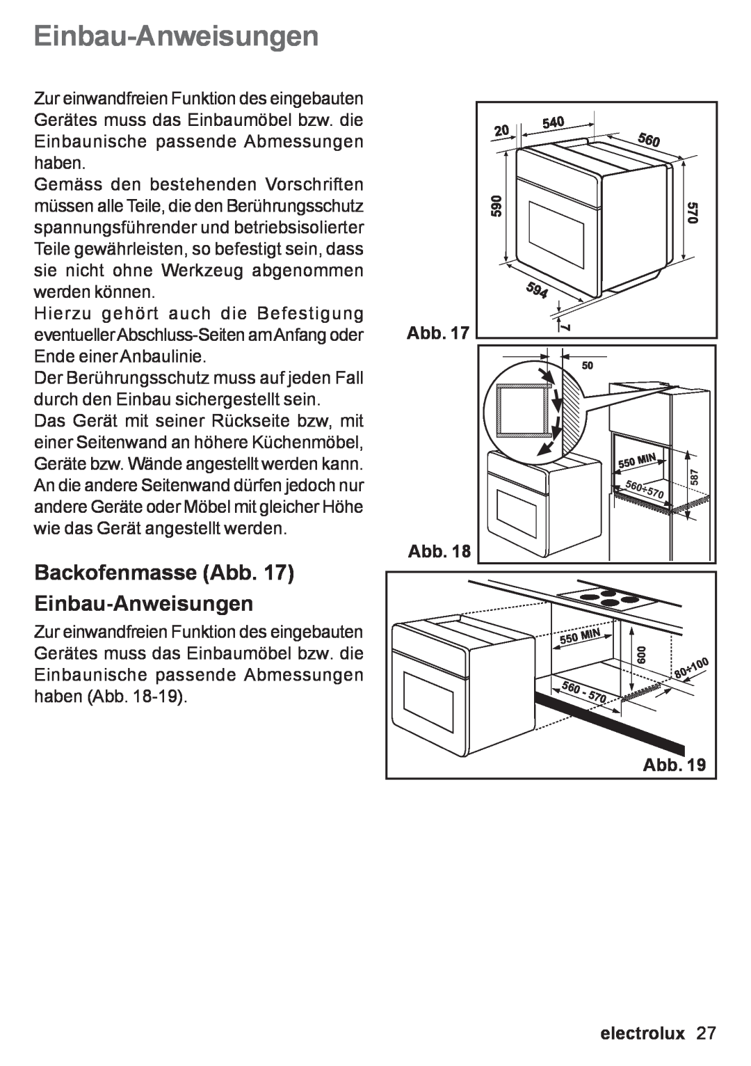 Electrolux EOB 53003 user manual Backofenmasse Abb. 17 Einbau-Anweisungen, Abb Abb, electrolux 