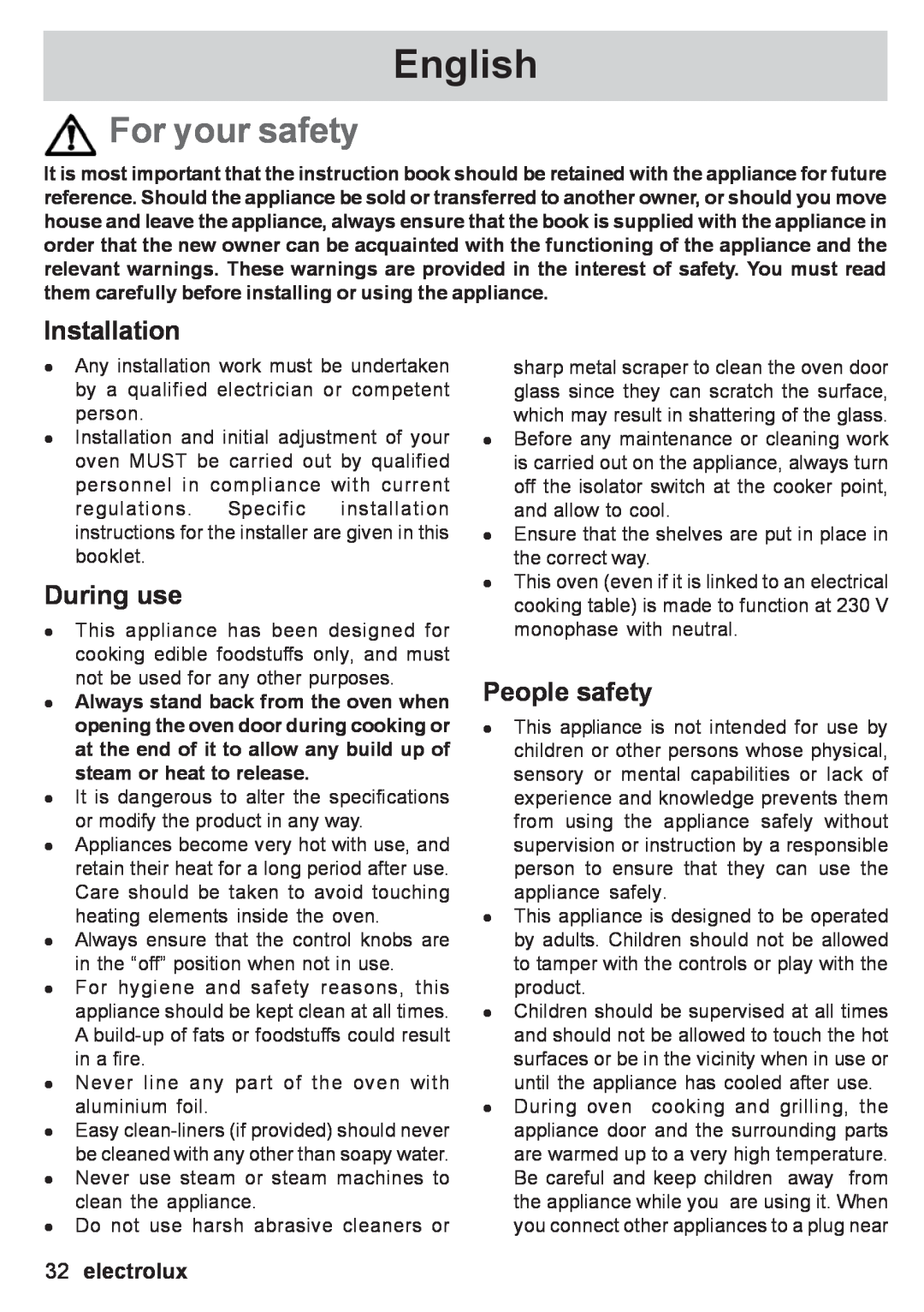 Electrolux EOB 53003 user manual English, For your safety, During use, People safety, electrolux, Installation 