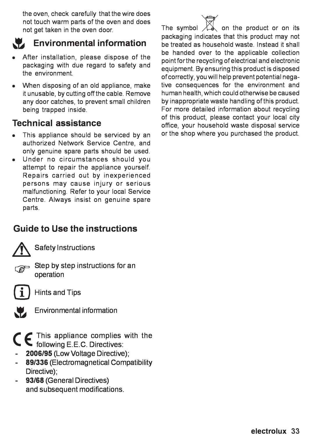Electrolux EOB 53003 user manual Environmental information, Technical assistance, Guide to Use the instructions, electrolux 