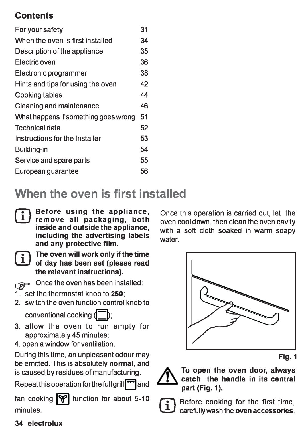 Electrolux EOB 53003 user manual When the oven is first installed, Contents, electrolux 
