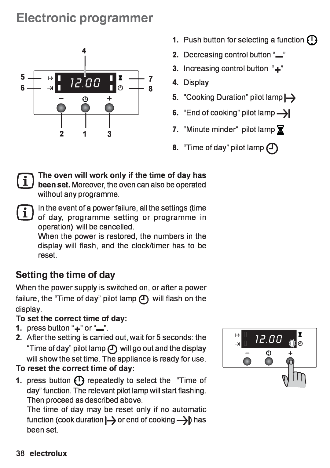 Electrolux EOB 53003 user manual Electronic programmer, Setting the time of day, To set the correct time of day, electrolux 