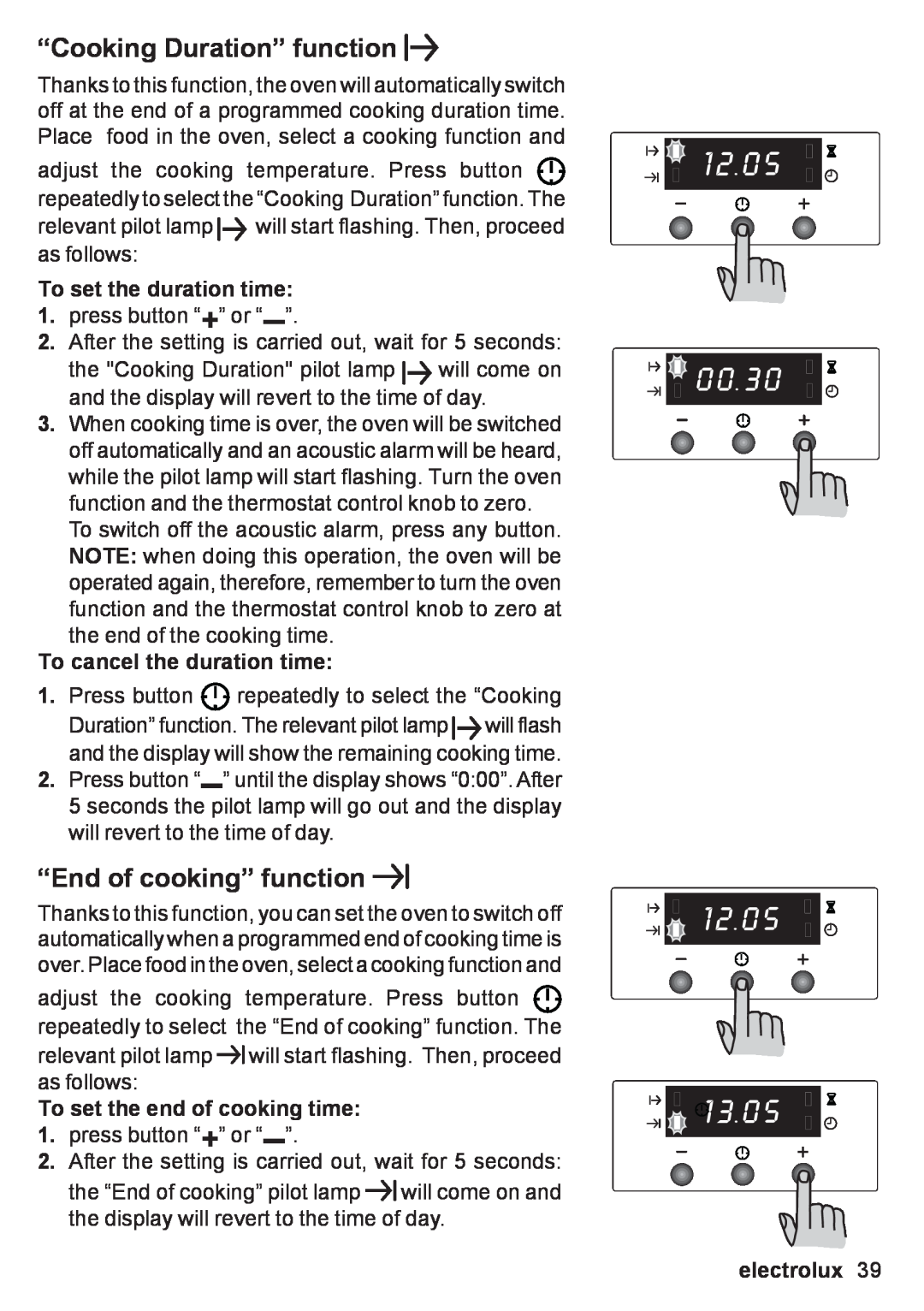 Electrolux EOB 53003 “Cooking Duration” function, “End of cooking” function, To set the duration time, electrolux 