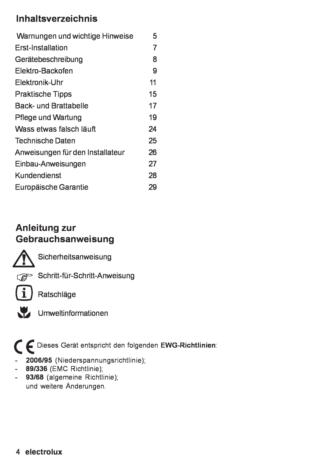 Electrolux EOB 53003 user manual Inhaltsverzeichnis, Anleitung zur Gebrauchsanweisung, electrolux 