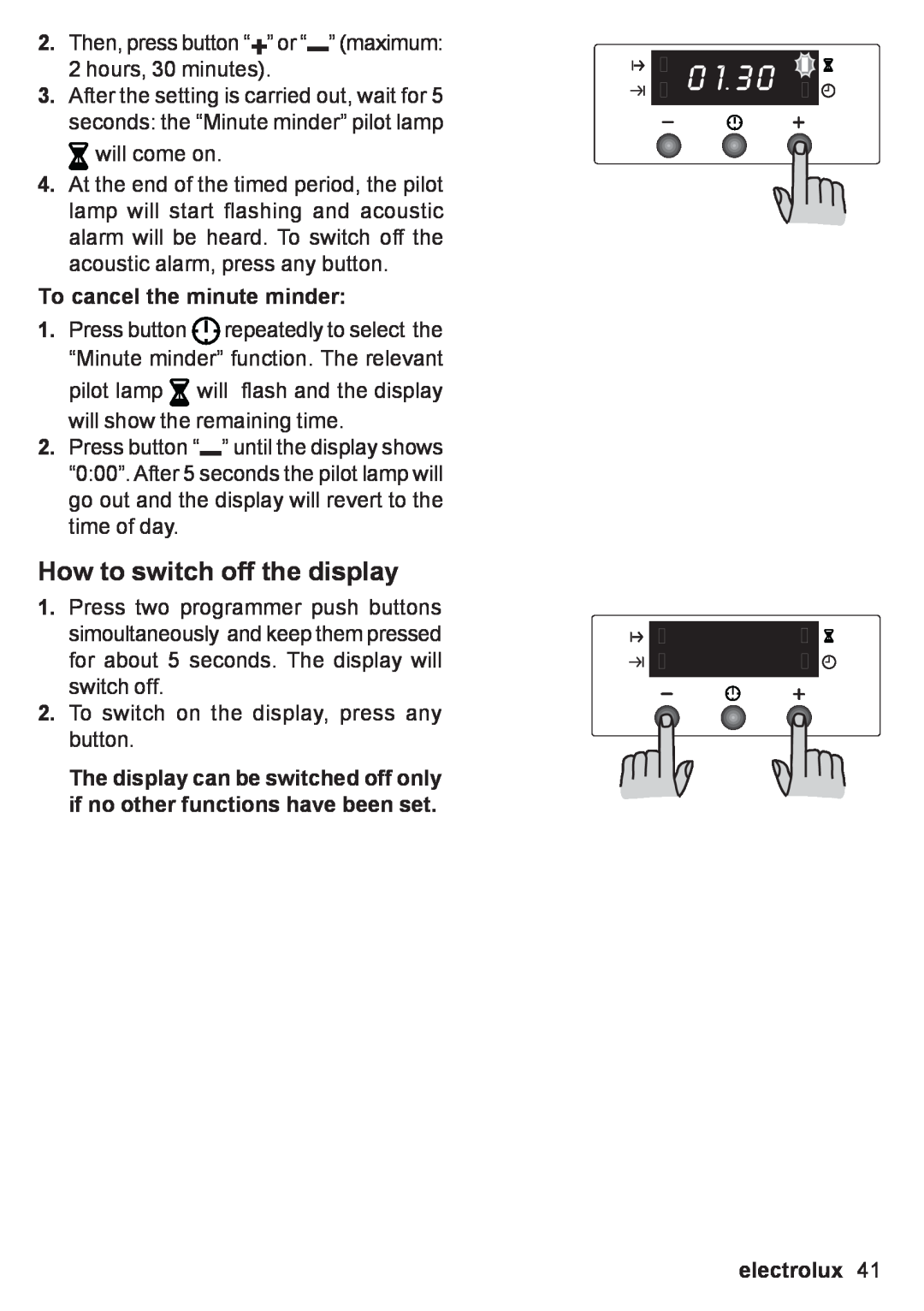 Electrolux EOB 53003 user manual How to switch off the display, To cancel the minute minder, electrolux 