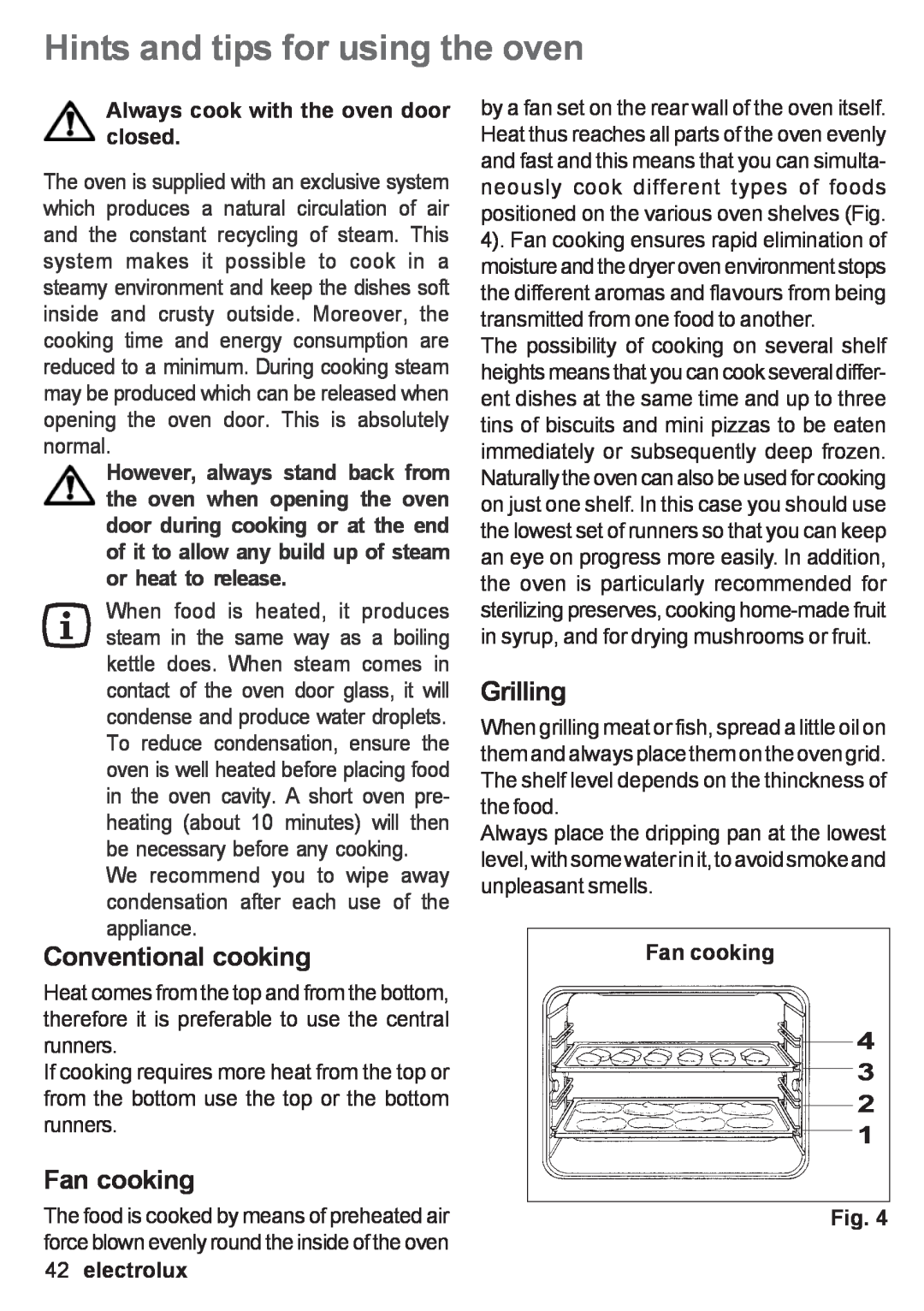 Electrolux EOB 53003 user manual Hints and tips for using the oven, Conventional cooking, Fan cooking, Grilling, electrolux 