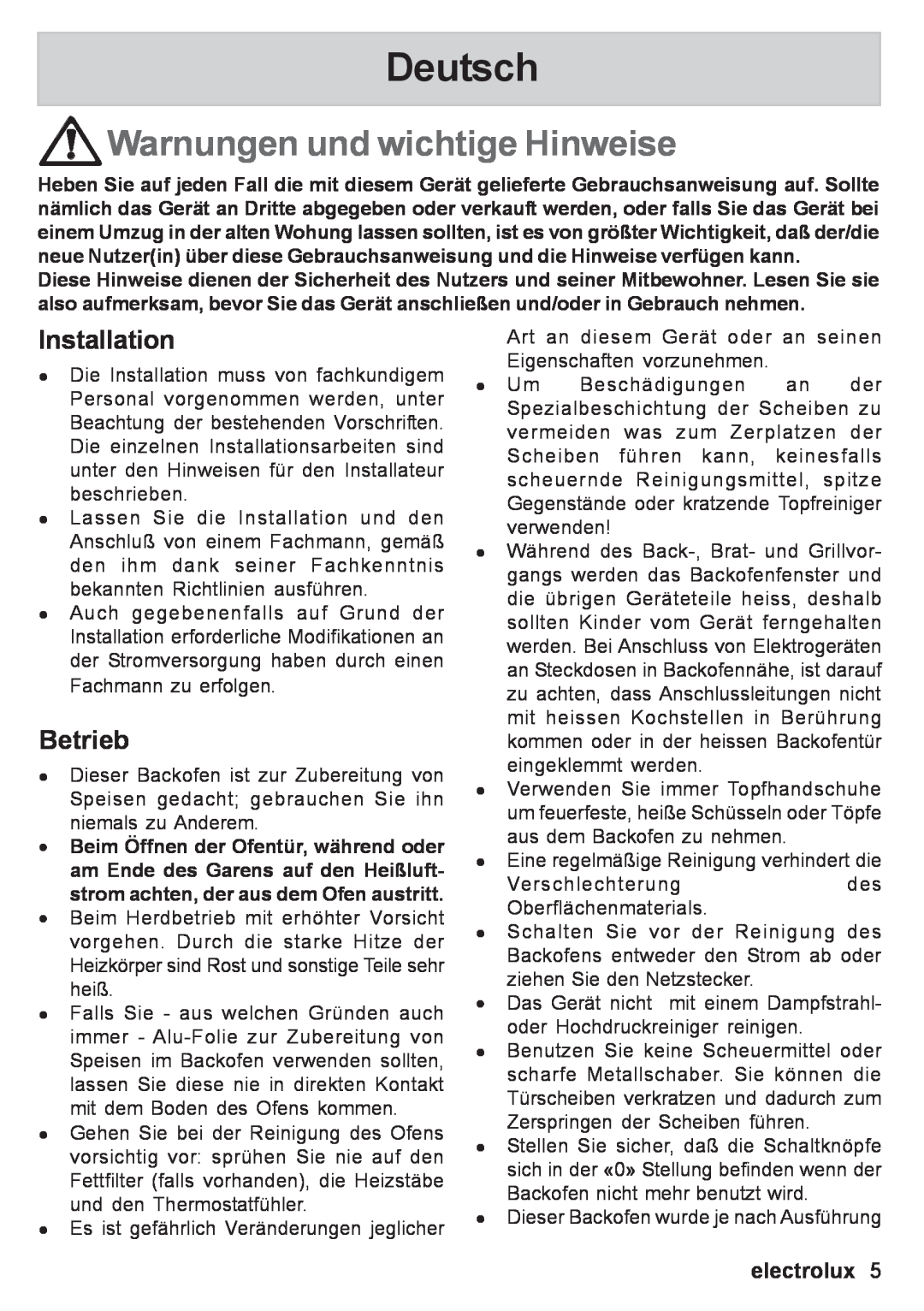 Electrolux EOB 53003 user manual Deutsch, Warnungen und wichtige Hinweise, Installation, Betrieb, electrolux 
