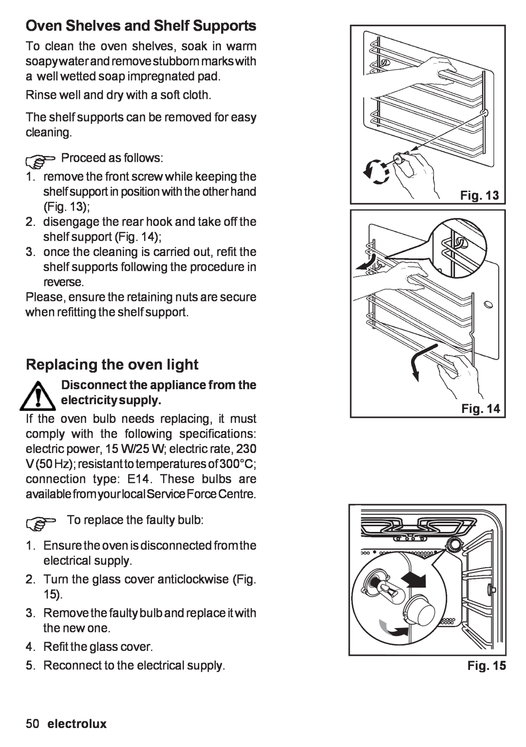 Electrolux EOB 53003 user manual Oven Shelves and Shelf Supports, Replacing the oven light, electrolux 