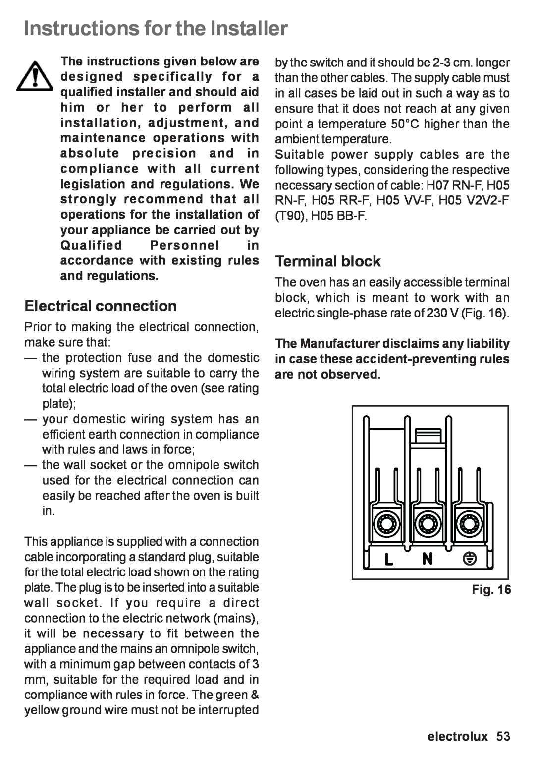 Electrolux EOB 53003 user manual Instructions for the Installer, Electrical connection, Terminal block, electrolux 