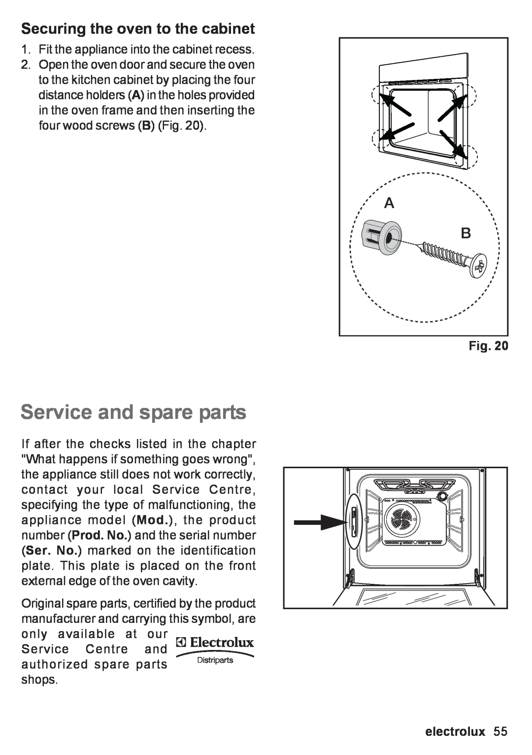 Electrolux EOB 53003 user manual Service and spare parts, Securing the oven to the cabinet, electrolux 