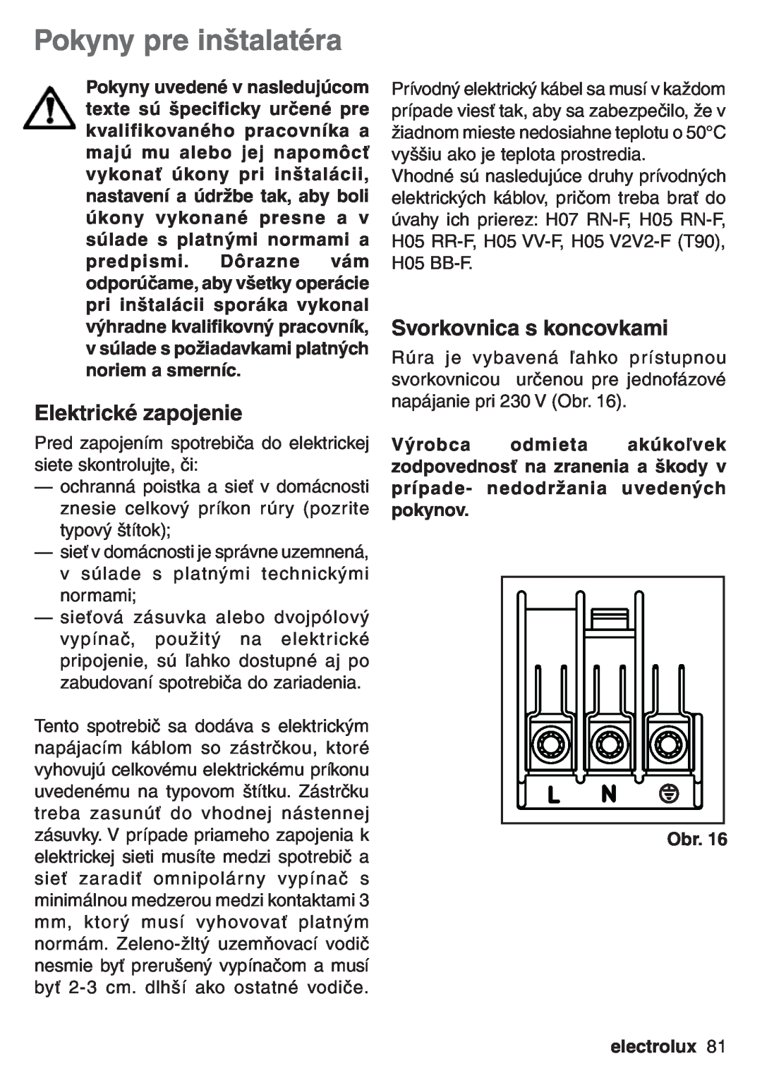 Electrolux EOB 53003 user manual Pokyny pre inštalatéra, Elektrické zapojenie, Svorkovnica s koncovkami, electrolux 
