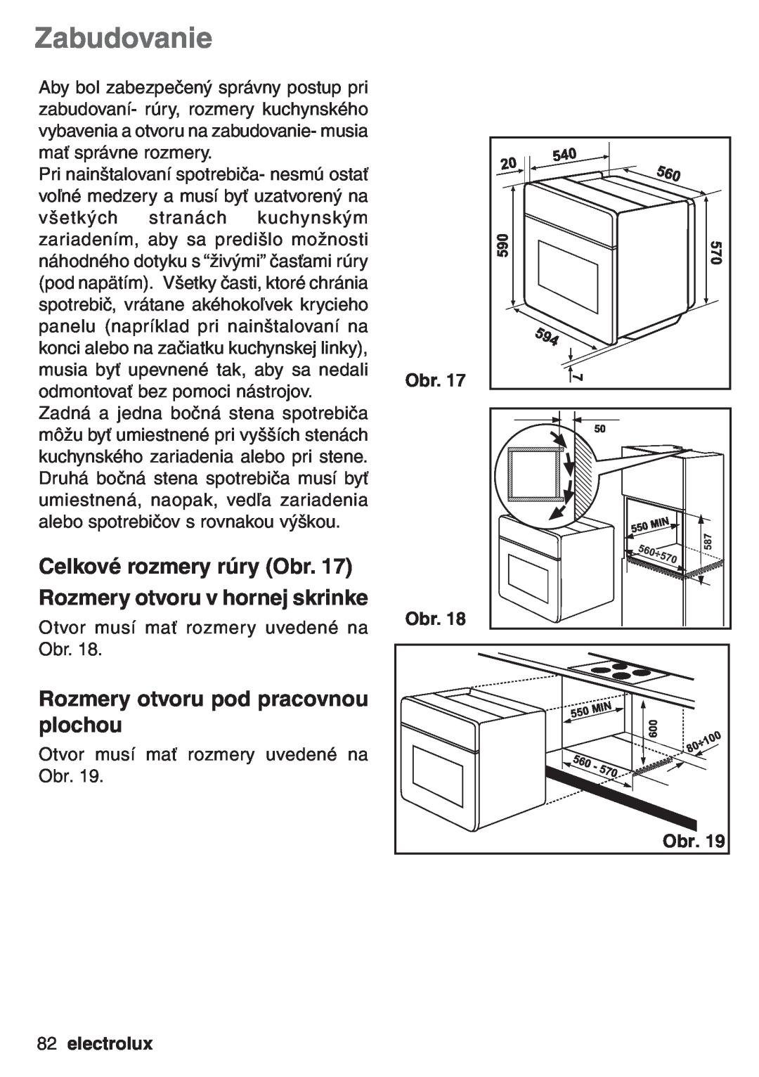 Electrolux EOB 53003 user manual Zabudovanie, Rozmery otvoru pod pracovnou plochou, electrolux, Obr Obr 