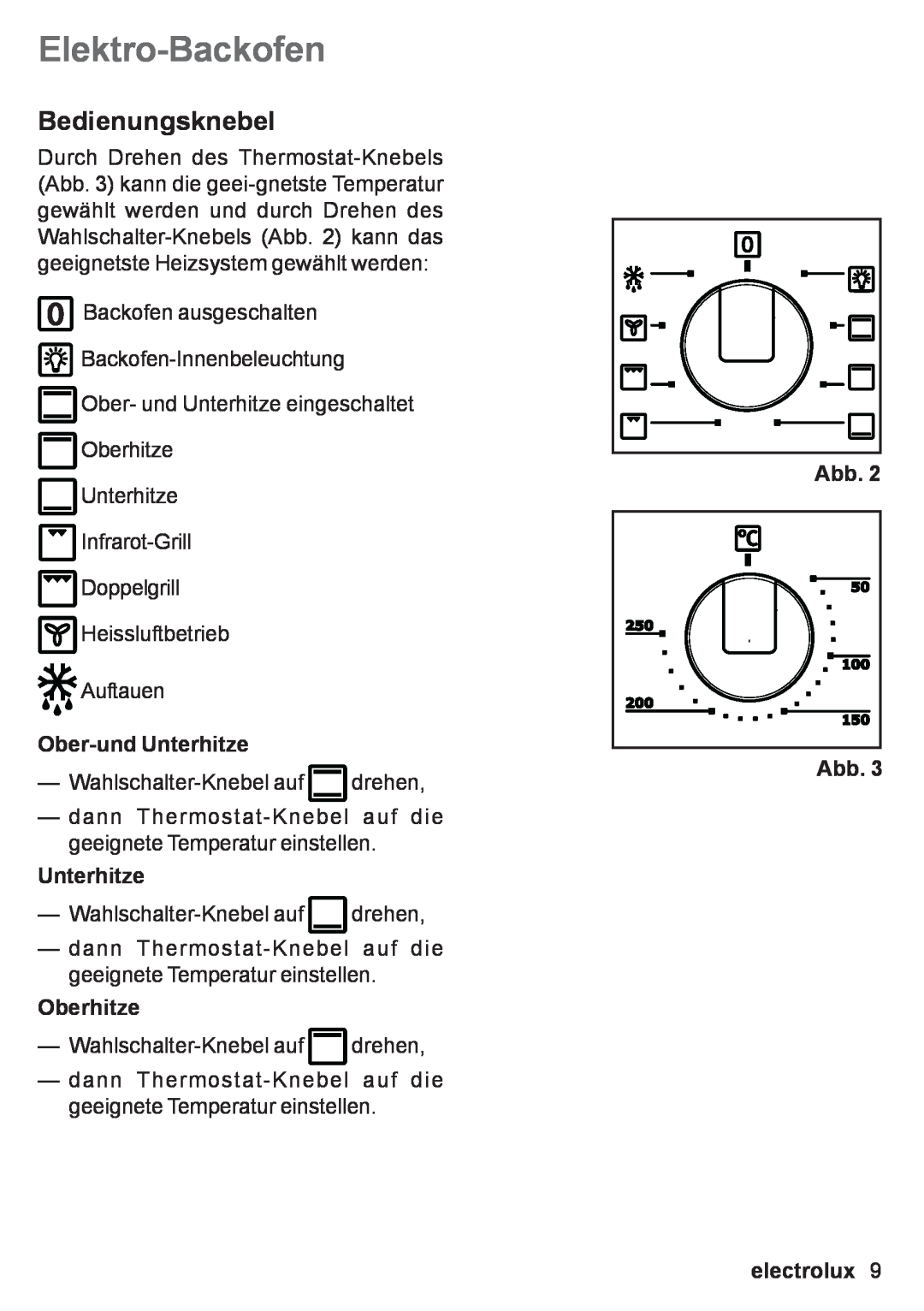 Electrolux EOB 53003 user manual Elektro-Backofen, Bedienungsknebel, Ober-und Unterhitze, Oberhitze, Abb Abb, electrolux 