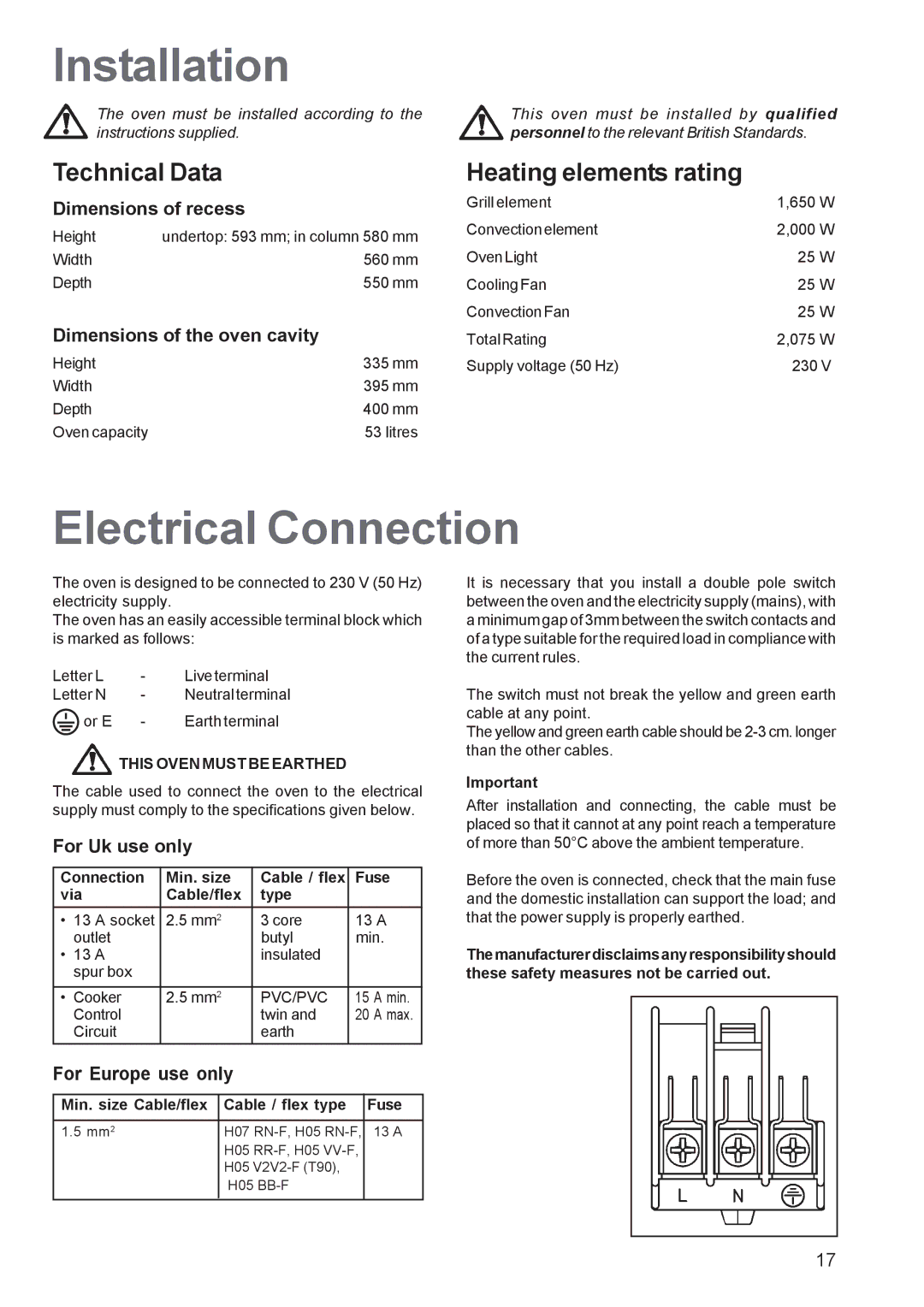 Electrolux EOB 5700 manual Installation, Electrical Connection, Technical Data, Min. size Cable/flex Cable / flex type Fuse 