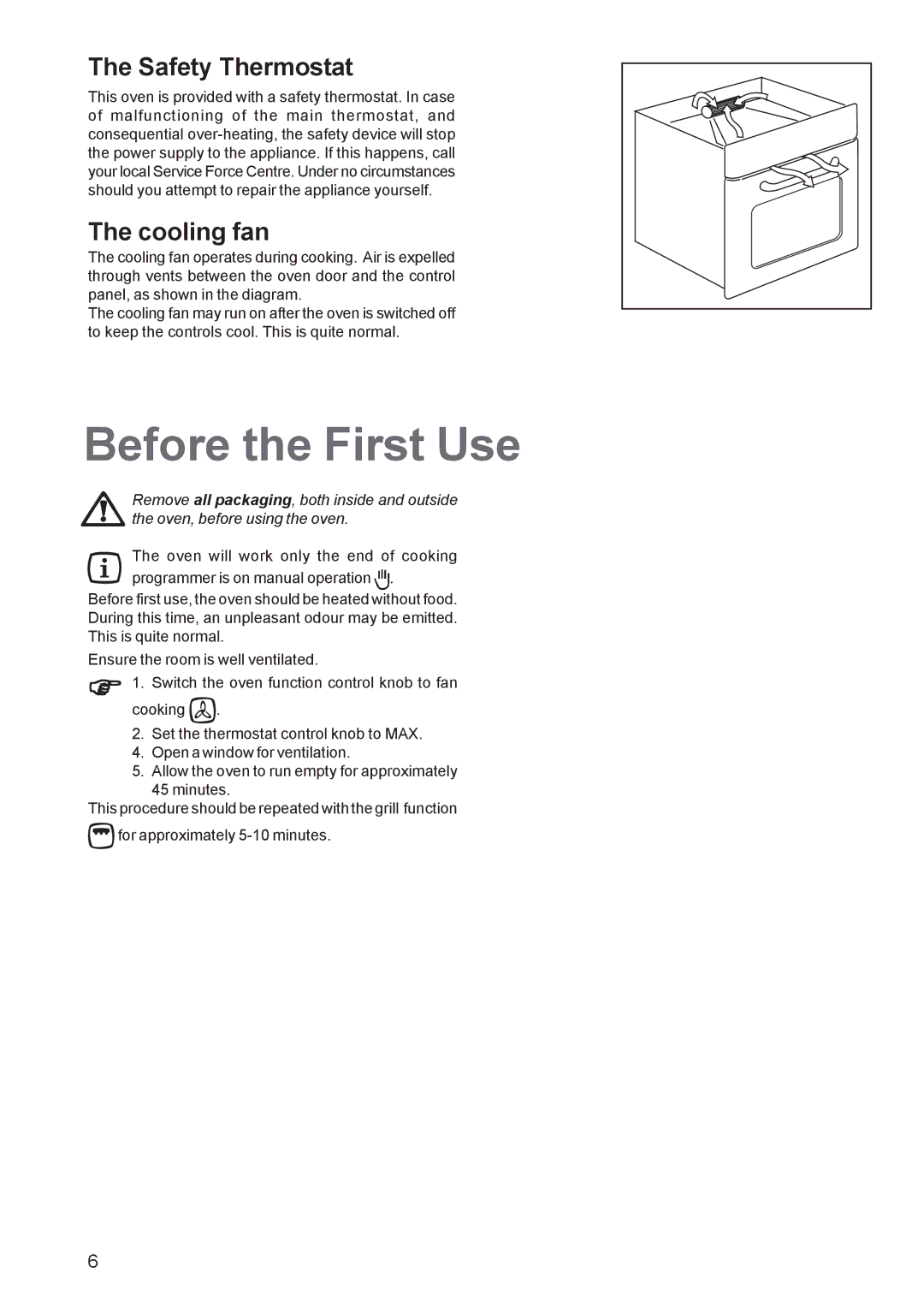 Electrolux EOB 5700 manual Before the First Use, Safety Thermostat, Cooling fan 