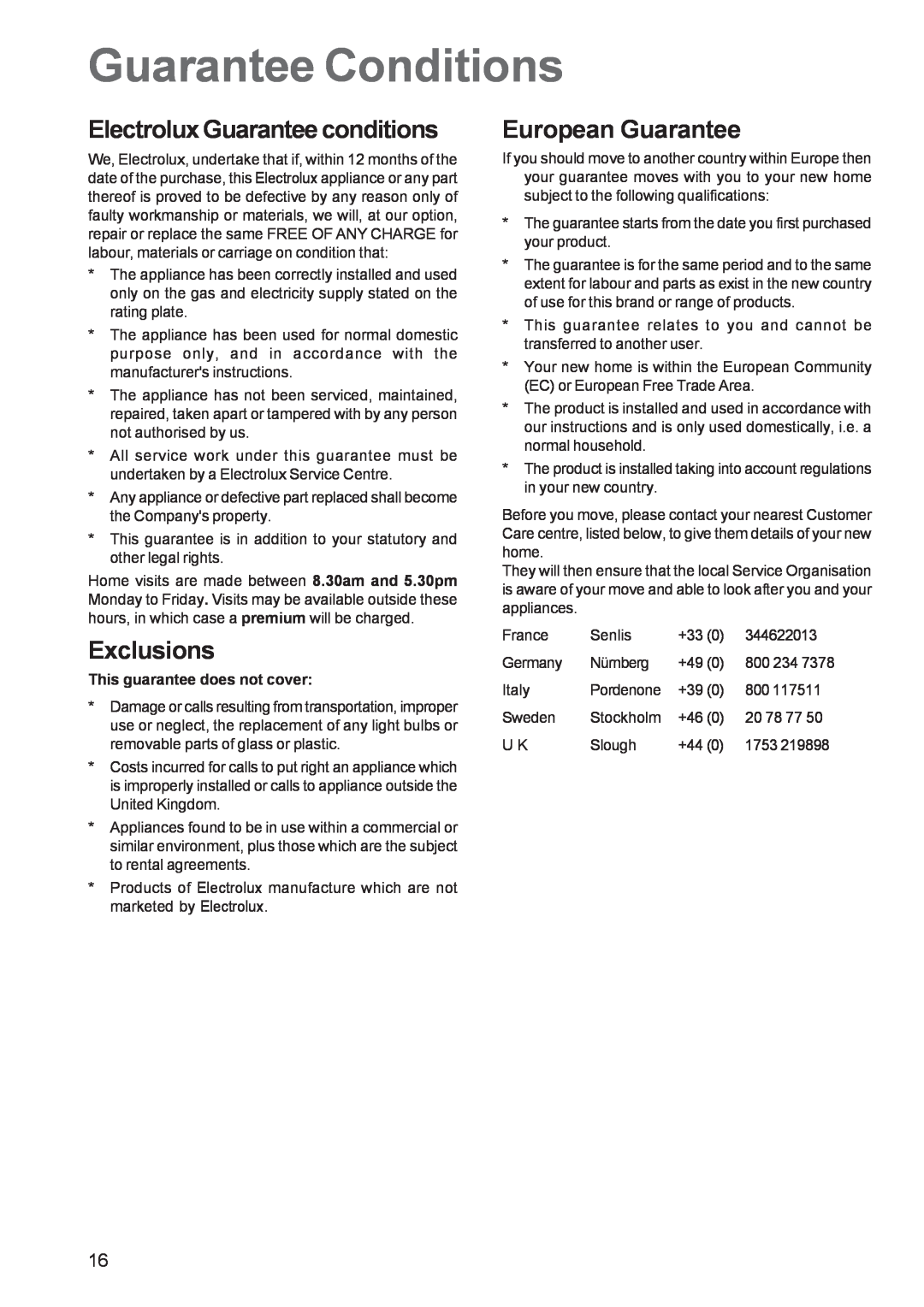 Electrolux EOB 5700 manual Guarantee Conditions, Electrolux Guarantee conditions, Exclusions, European Guarantee 