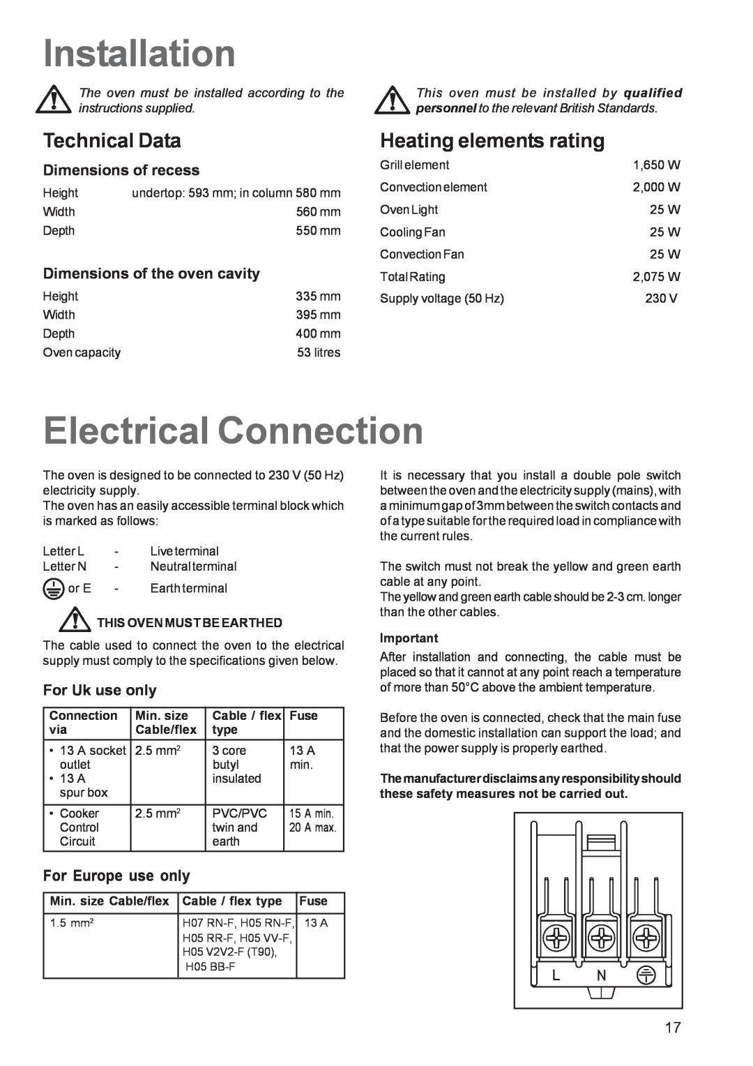 Electrolux EOB 5700 Installation, Electrical Connection, Technical Data, Dimensions of recess, For Uk use only, Min. size 