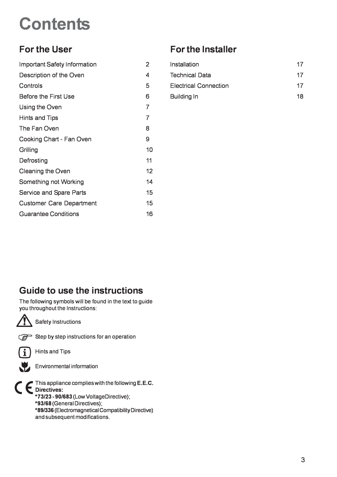 Electrolux EOB 5700 manual Contents, For the User, For the Installer, Guide to use the instructions 