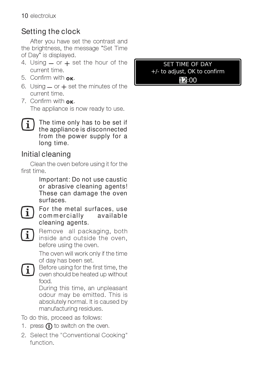 Electrolux EOB 68713 user manual Setting the clock, Initial cleaning 