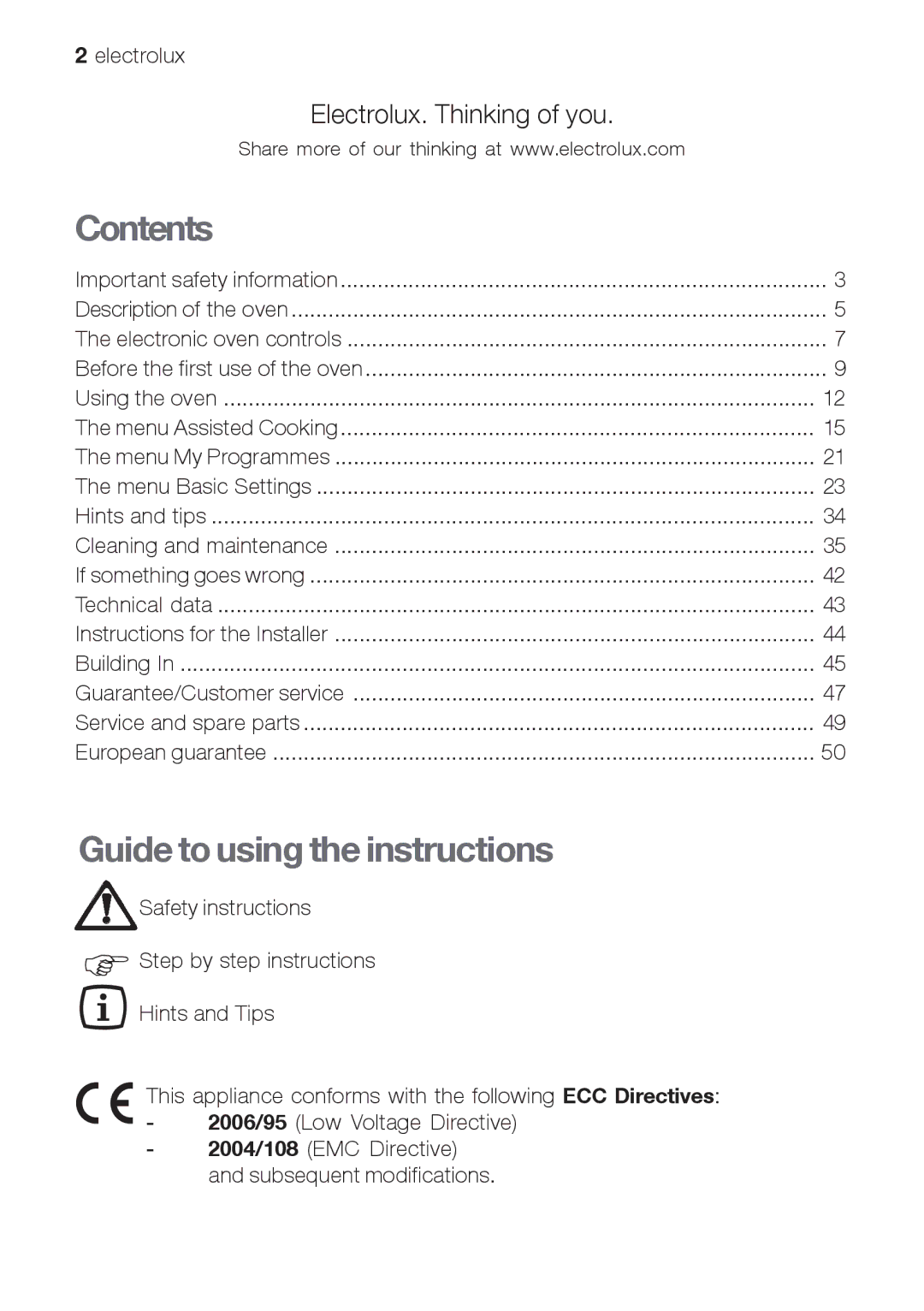 Electrolux EOB 68713 user manual Contents, Guide to using the instructions 