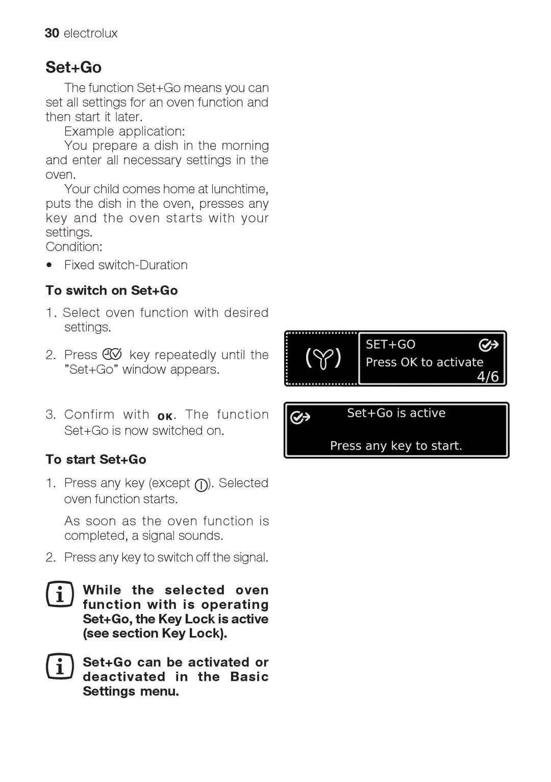 Electrolux EOB 68713 user manual To switch on Set+Go, To start Set+Go 
