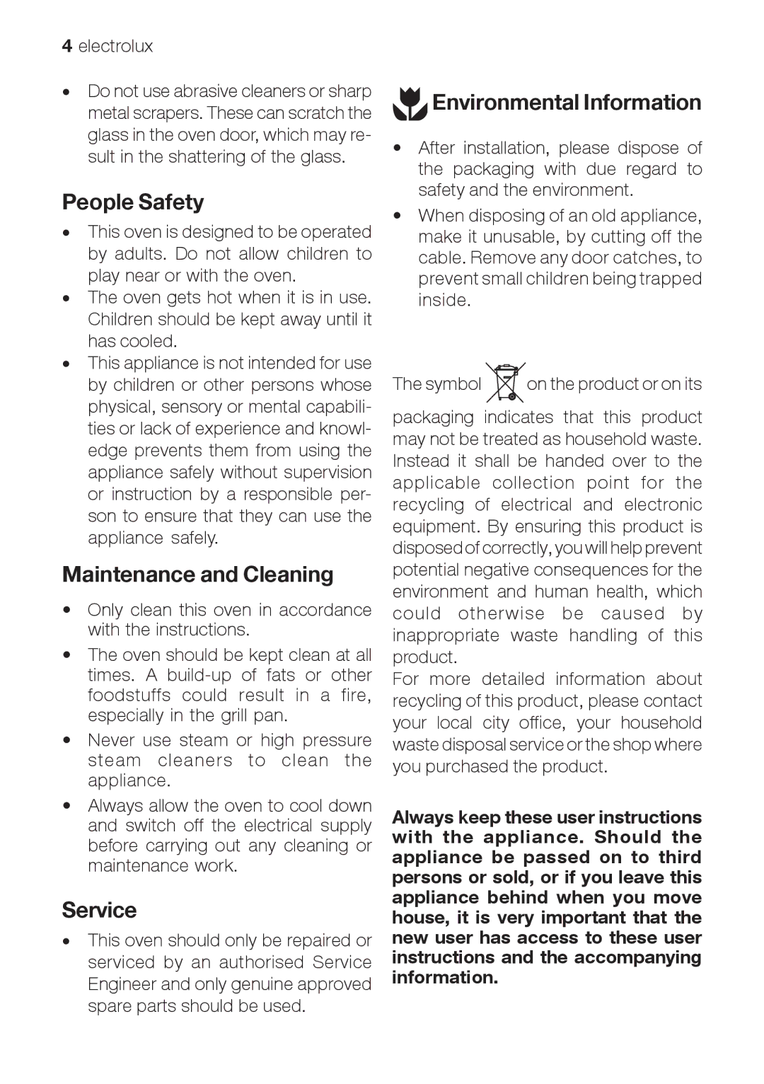 Electrolux EOB 68713 user manual People Safety, Maintenance and Cleaning, Service, Environmental Information 