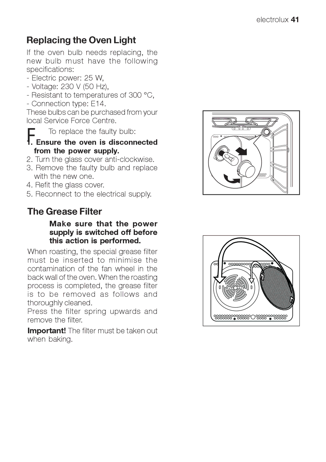 Electrolux EOB 68713 Replacing the Oven Light, Grease Filter, Ensure the oven is disconnected from the power supply 