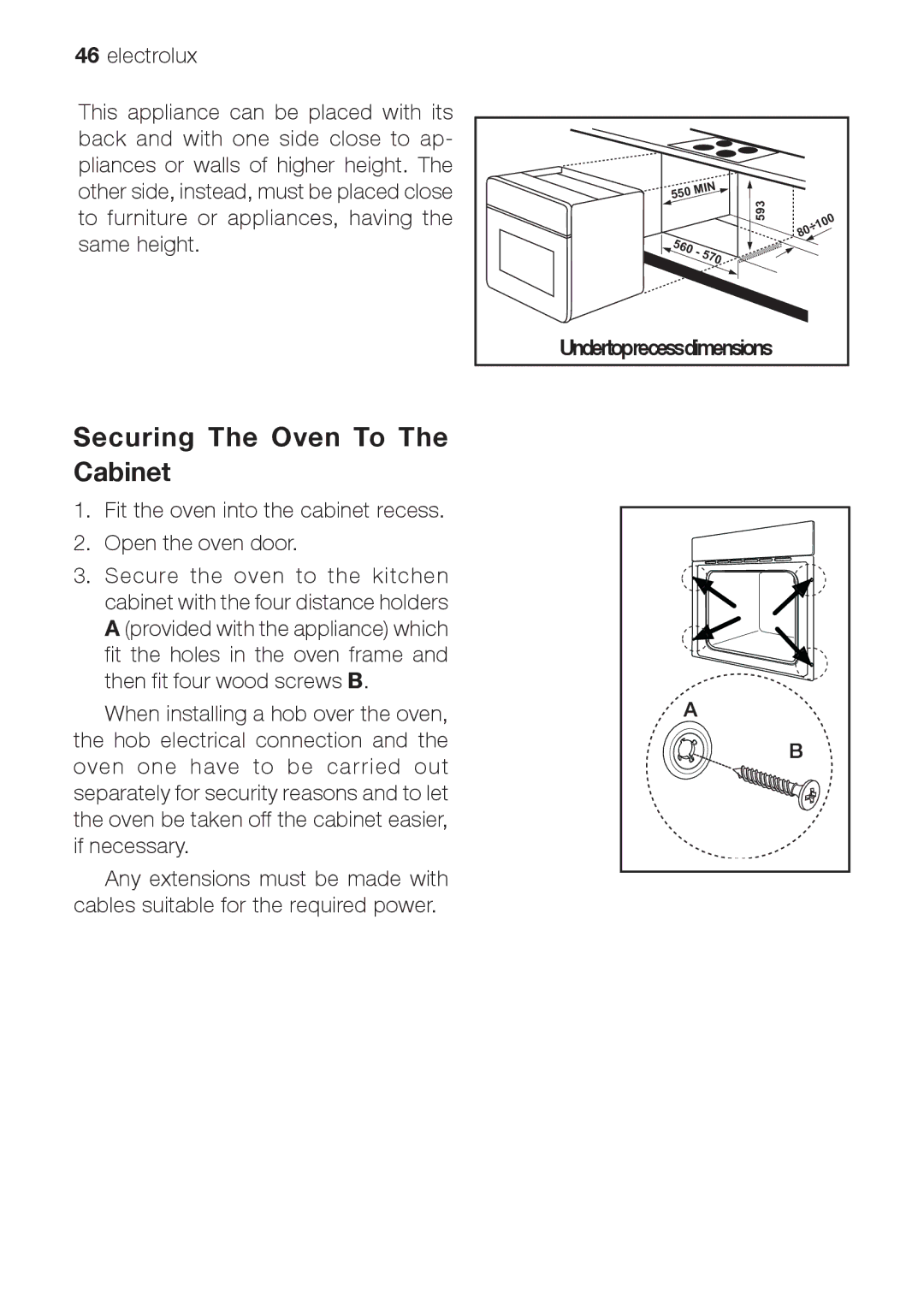 Electrolux EOB 68713 user manual Securing The Oven To The Cabinet, Fit the oven into the cabinet recess Open the oven door 