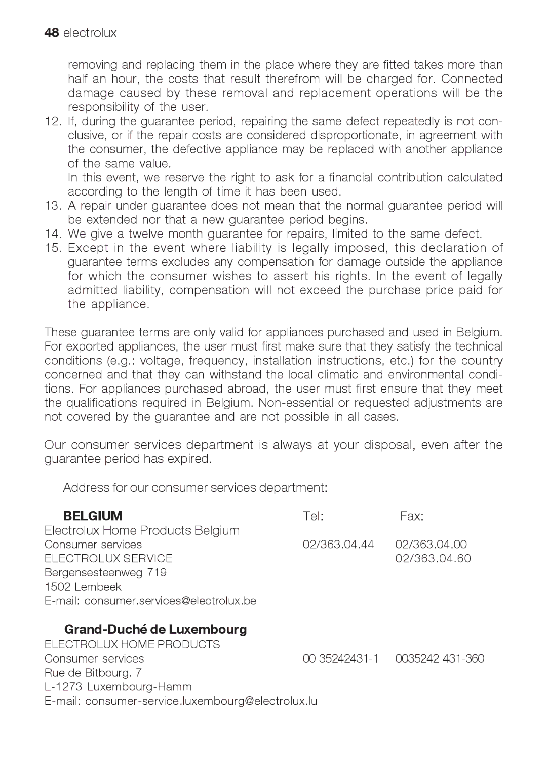 Electrolux EOB 68713 user manual Belgium, Grand-Duché de Luxembourg 