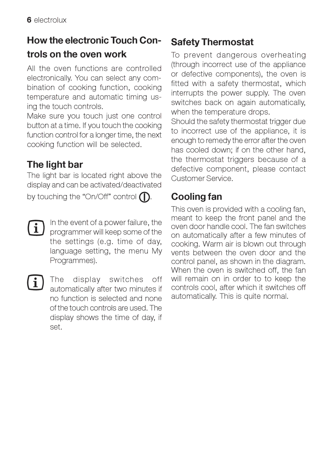 Electrolux EOB 68713 How the electronic Touch Con Trols on the oven work, Light bar, Safety Thermostat, Cooling fan 