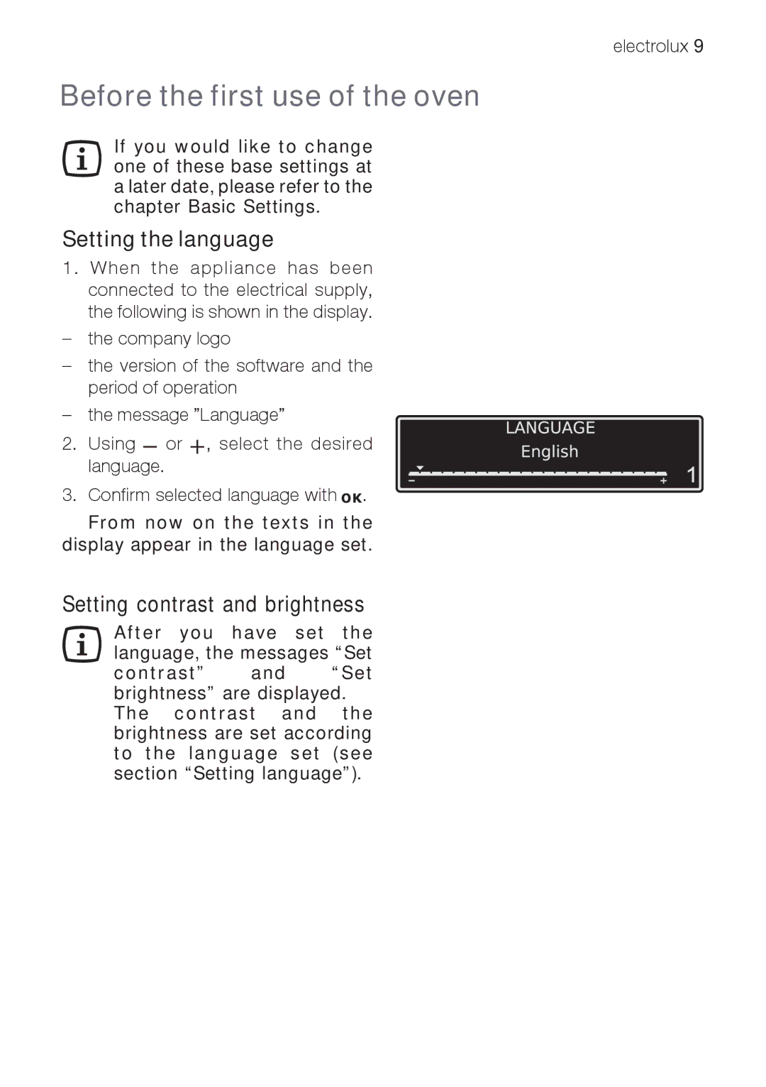 Electrolux EOB 68713 user manual Before the first use of the oven, Setting the language, Setting contrast and brightness 