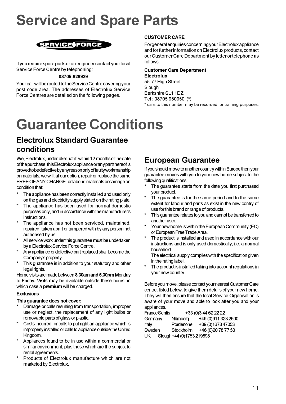 Electrolux EOB 812 Service and Spare Parts, Guarantee Conditions, Electrolux Standard Guarantee conditions, Customer Care 