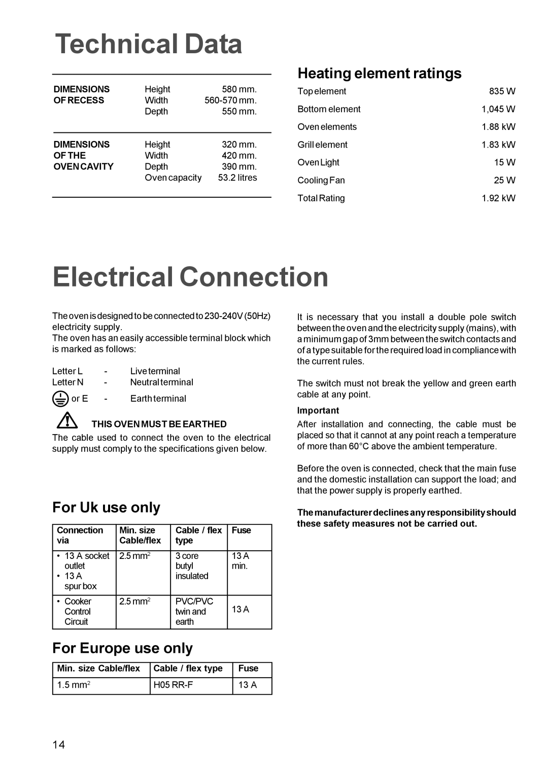 Electrolux EOB 812 Technical Data, Electrical Connection, Heating element ratings, For Uk use only, For Europe use only 