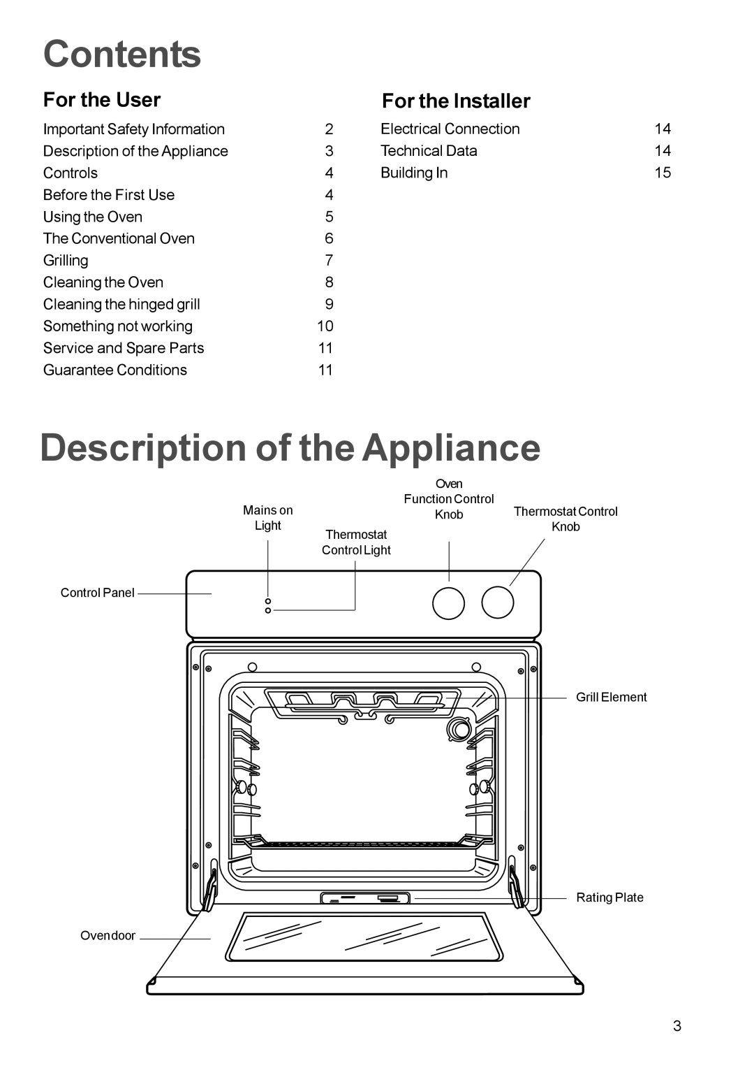 Electrolux EOB 812 manual Contents, Description of the Appliance 