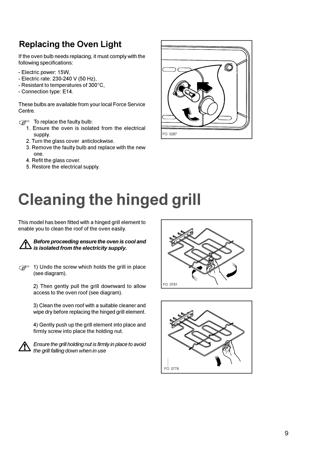 Electrolux EOB 812 manual Cleaning the hinged grill, Replacing the Oven Light 