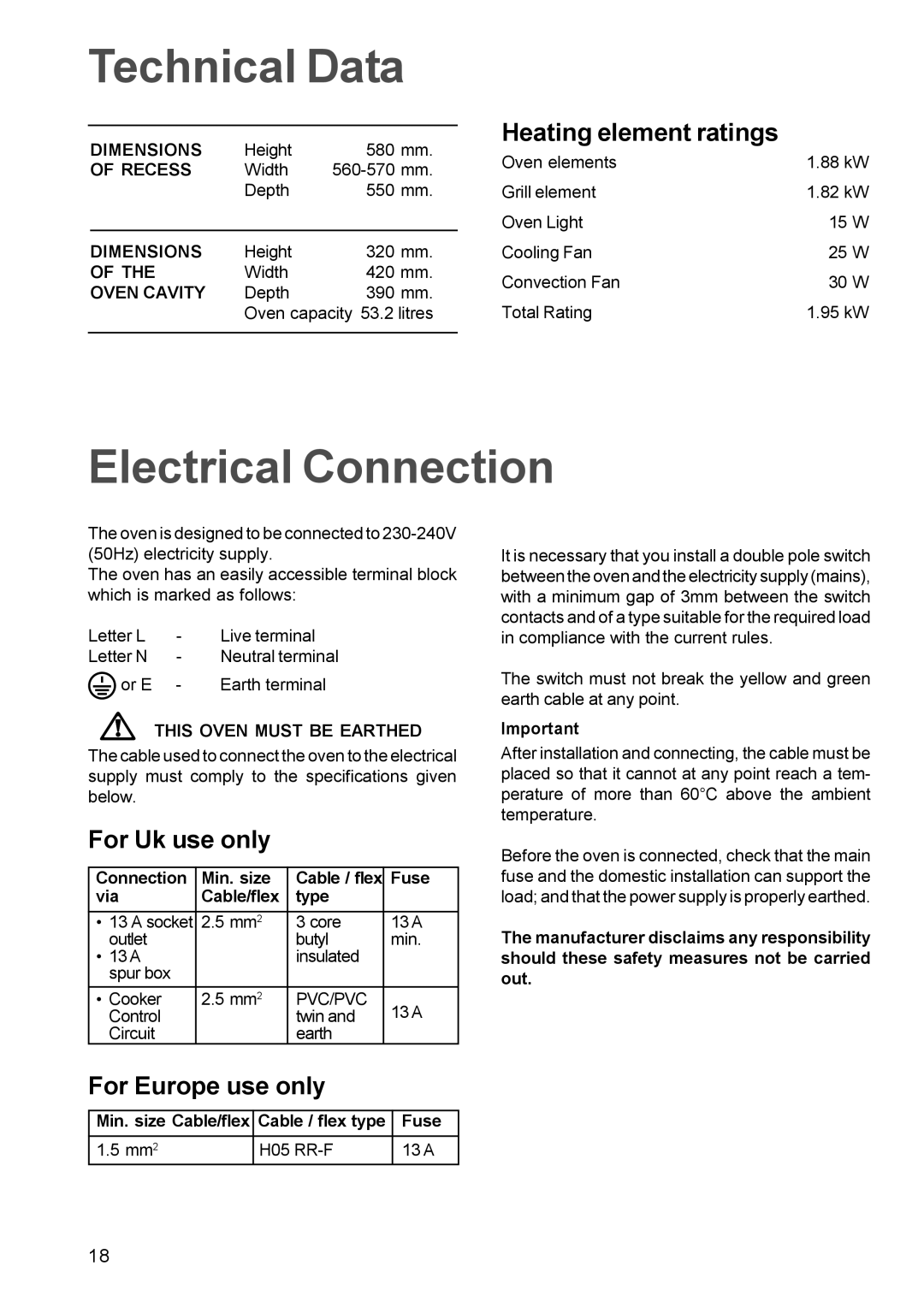 Electrolux EOB 842 Technical Data, Electrical Connection, Heating element ratings, For Uk use only, For Europe use only 