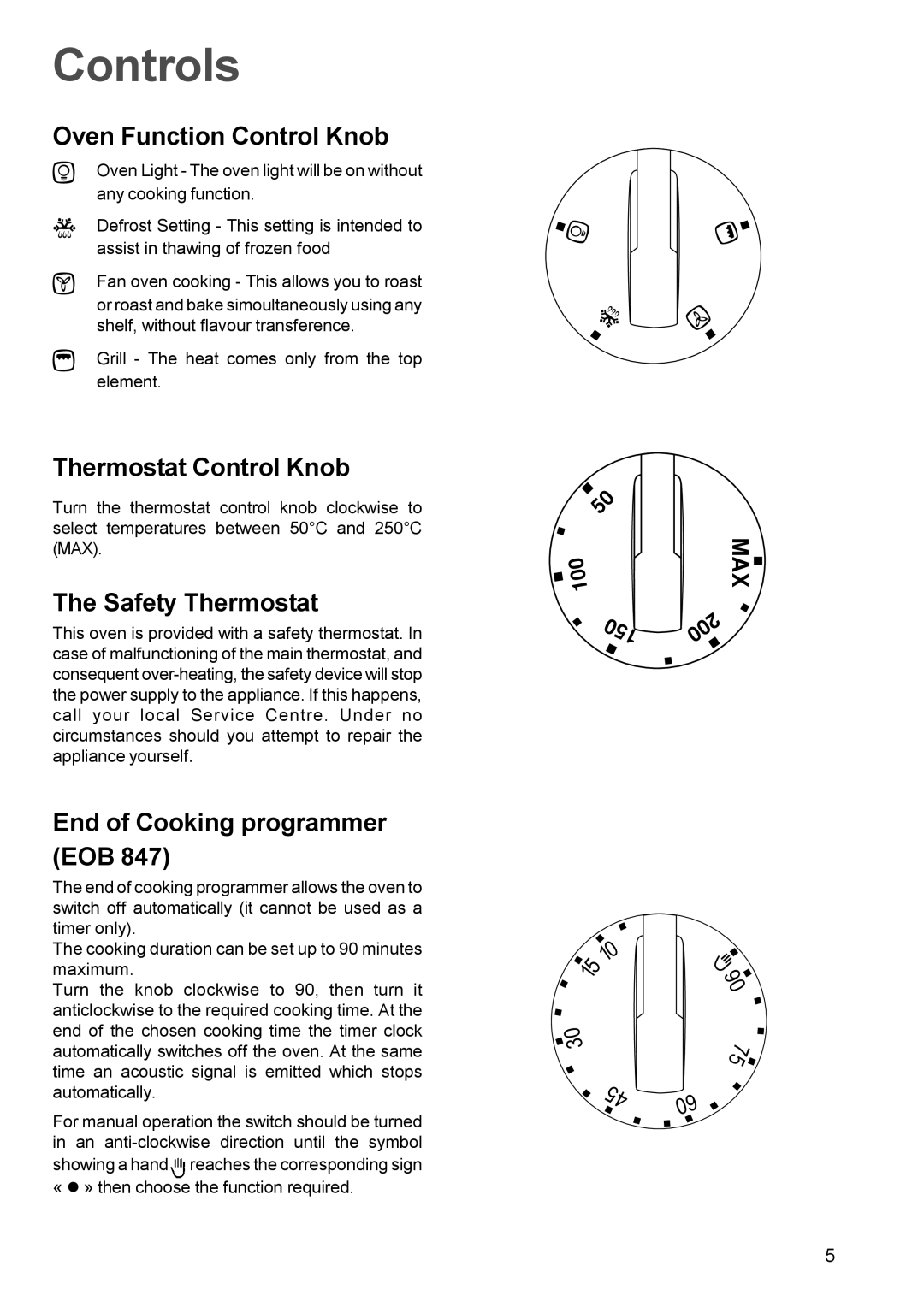 Electrolux EOB 847, EOB 842 manual Controls, Oven Function Control Knob, Thermostat Control Knob, Safety Thermostat 