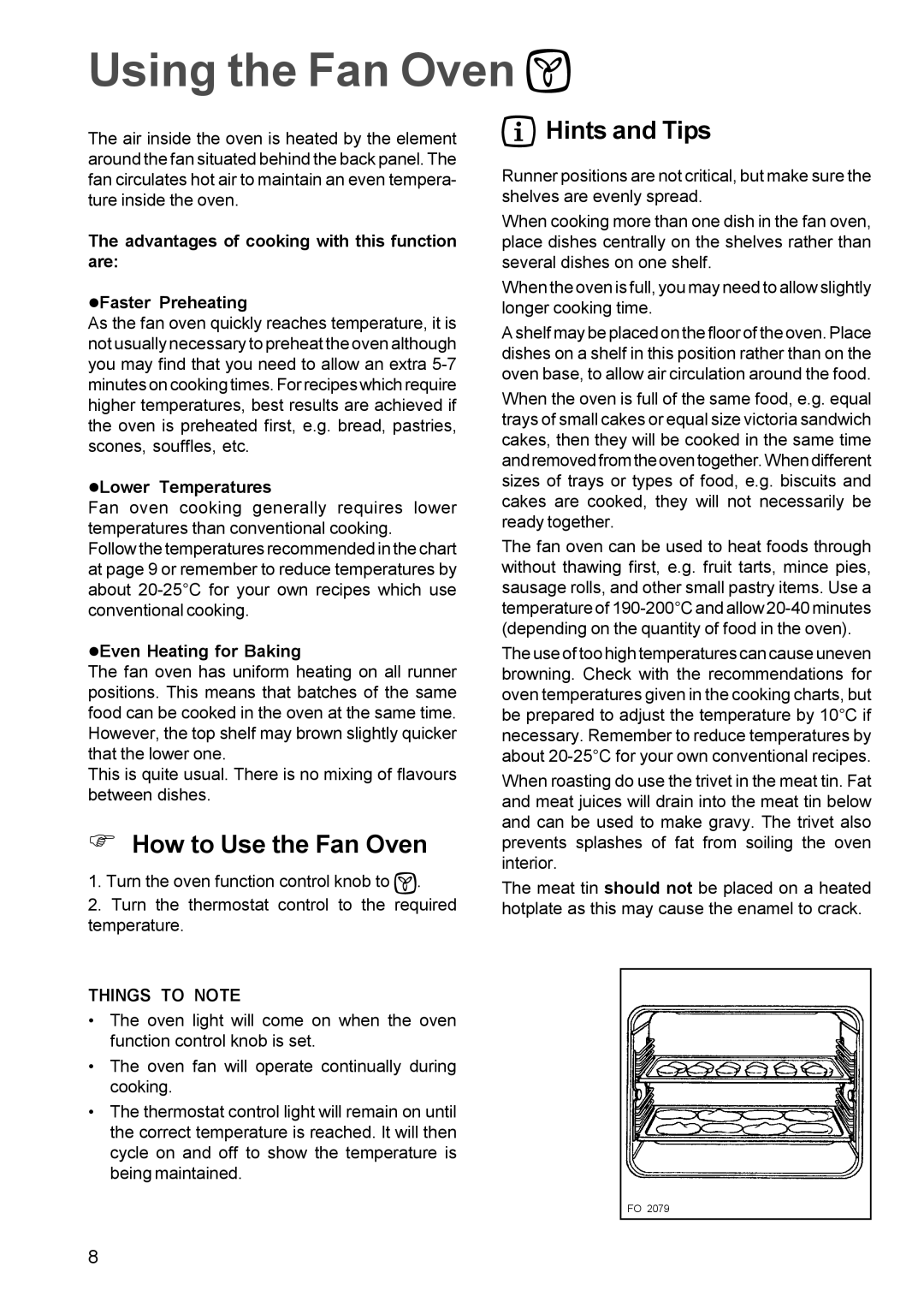 Electrolux EOB 842, EOB 847 manual Using the Fan Oven, How to Use the Fan Oven, Hints and Tips, Things to Note 