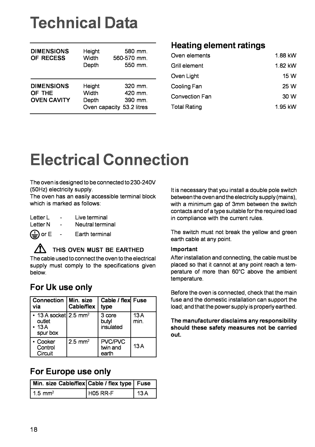 Electrolux EOB 842 Technical Data, Electrical Connection, Heating element ratings, For Uk use only, For Europe use only 