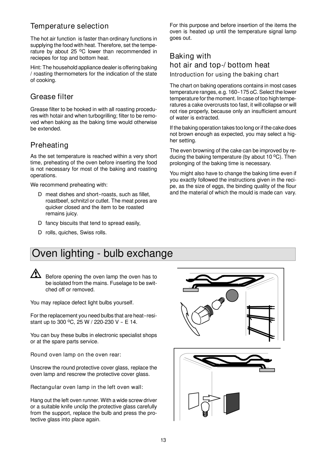 Electrolux EOB 854 installation manual Oven lighting bulb exchange, Temperature selection, Grease filter, Preheating 