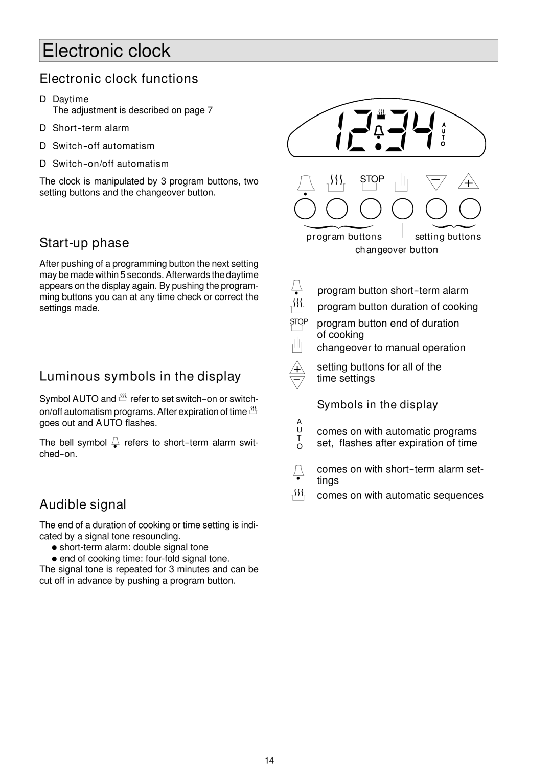 Electrolux EOB 854 Electronic clock functions, Start-up phase, Luminous symbols in the display, Audible signal 