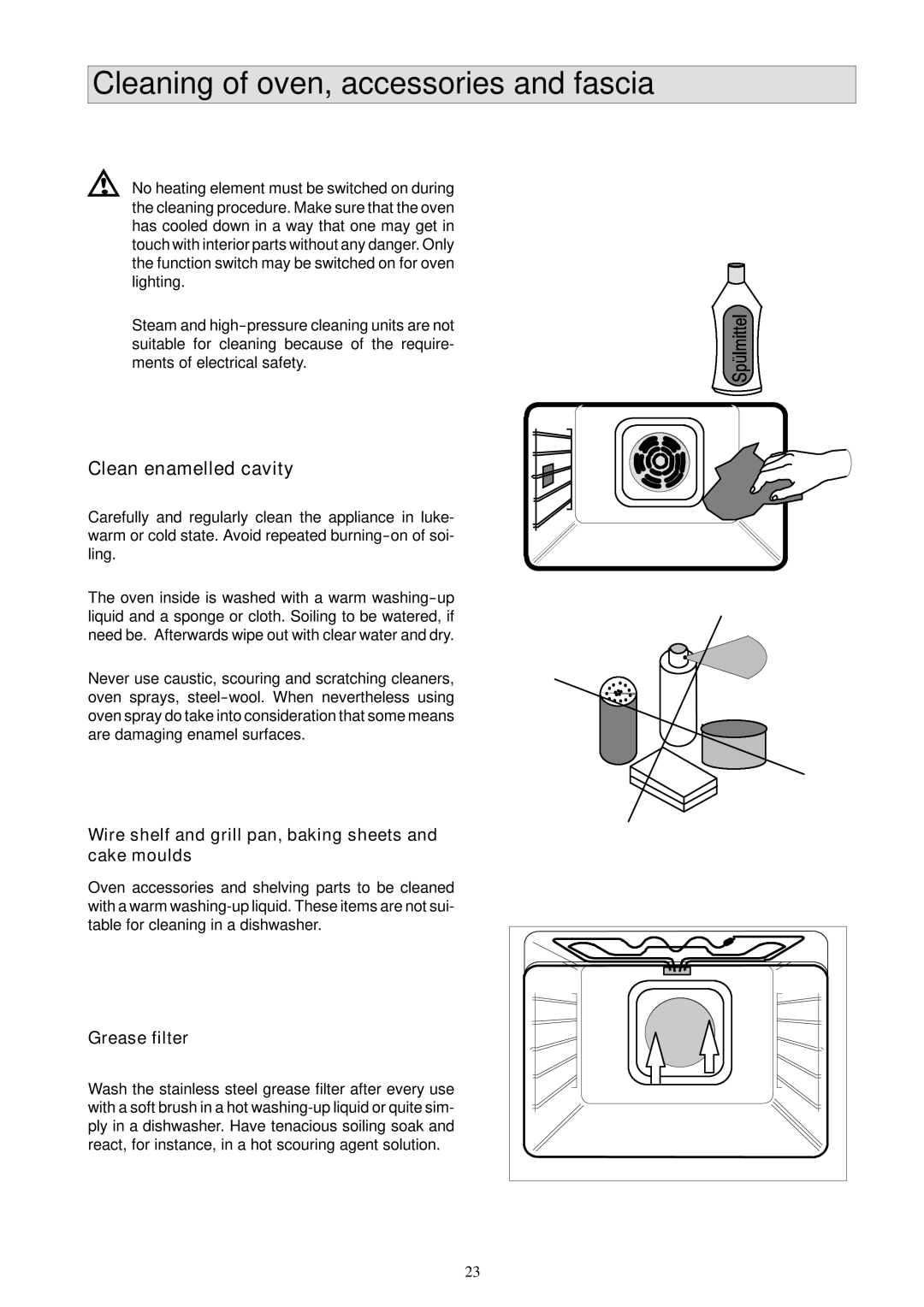 Electrolux EOB 854 installation manual Cleaning of oven, accessories and fascia, Clean enamelled cavity, Grease filter 