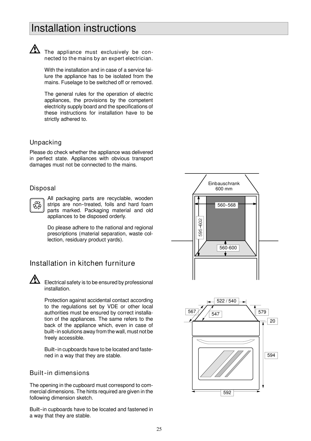 Electrolux EOB 854 Installation instructions, Installation in kitchen furniture, Unpacking, Disposal, Built-in dimensions 