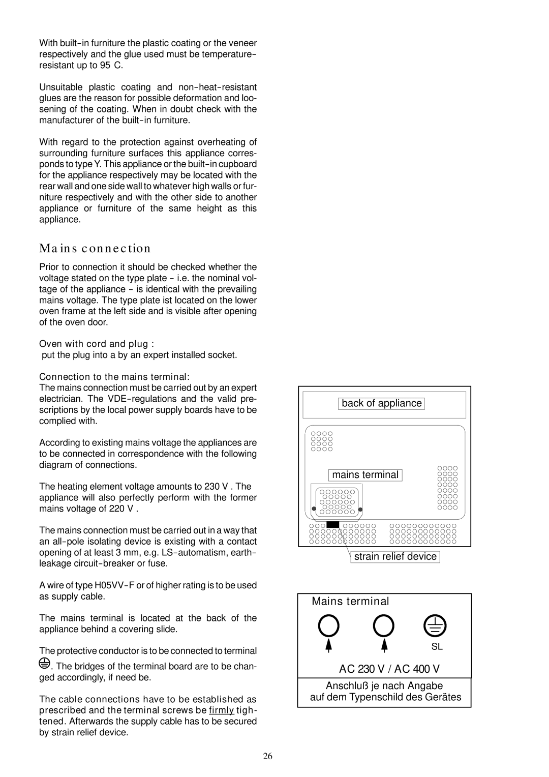 Electrolux EOB 854 installation manual Mains terminal, Oven with cord and plug, Connection to the mains terminal 