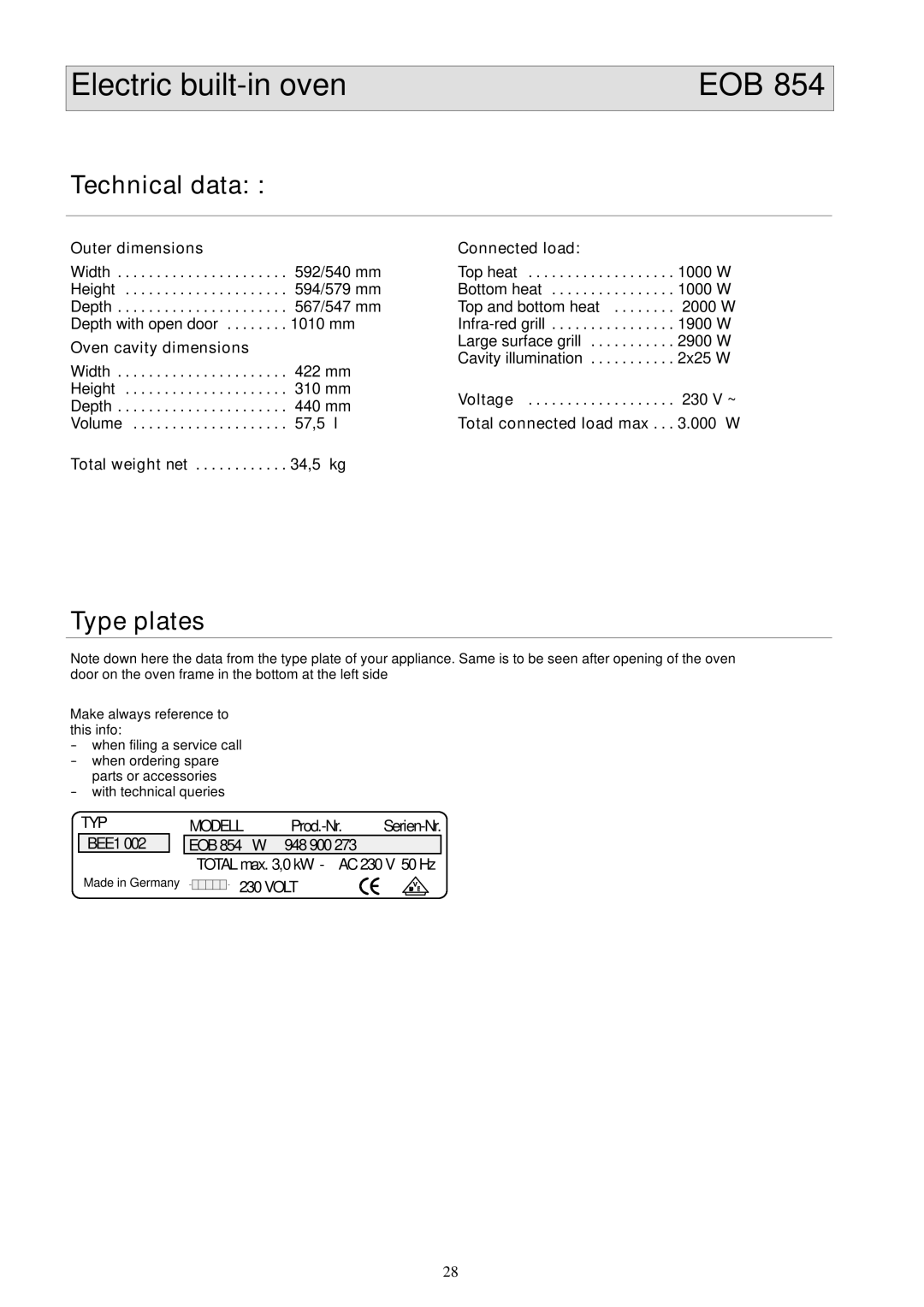 Electrolux EOB 854 installation manual Electric built-in oven 