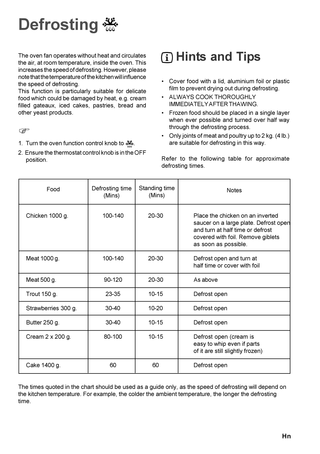 Electrolux EOB 966 manual Defrosting, Always Cook Thoroughly Immediately After Thawing 