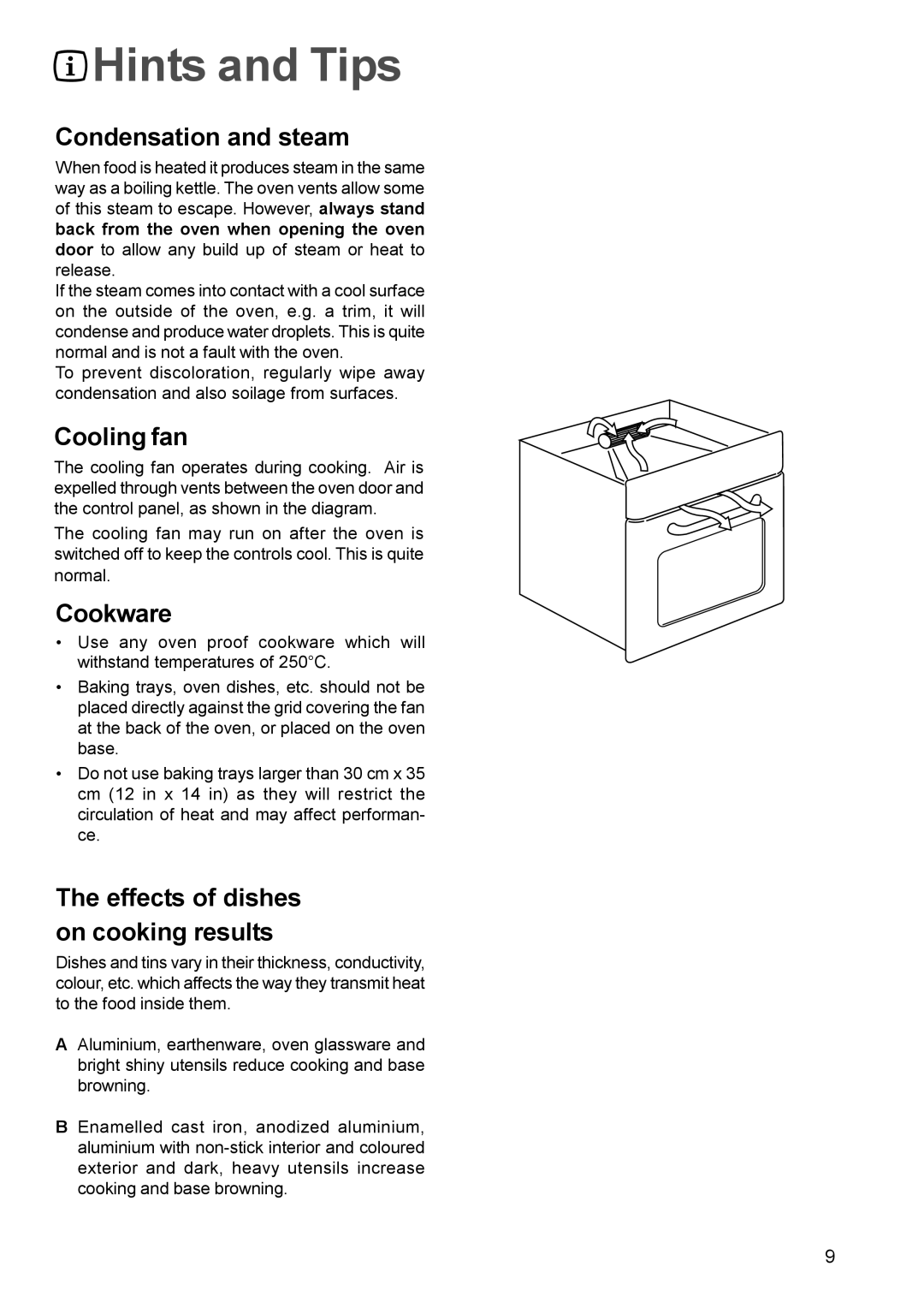 Electrolux EOB 966 Hints and Tips, Condensation and steam, Cooling fan, Cookware, Effects of dishes on cooking results 